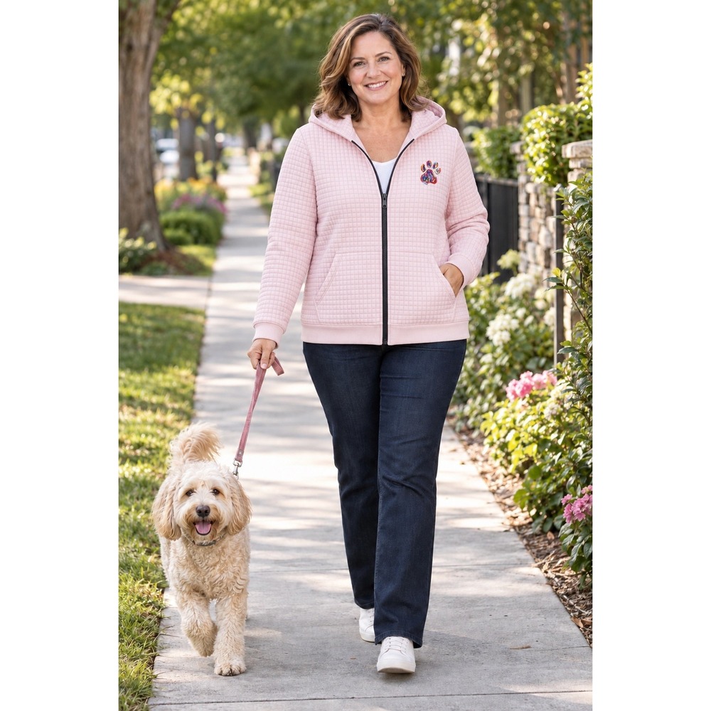 Pet Mom Lover Pink quilted Puppy paw print lightweight zip jacket animal theme